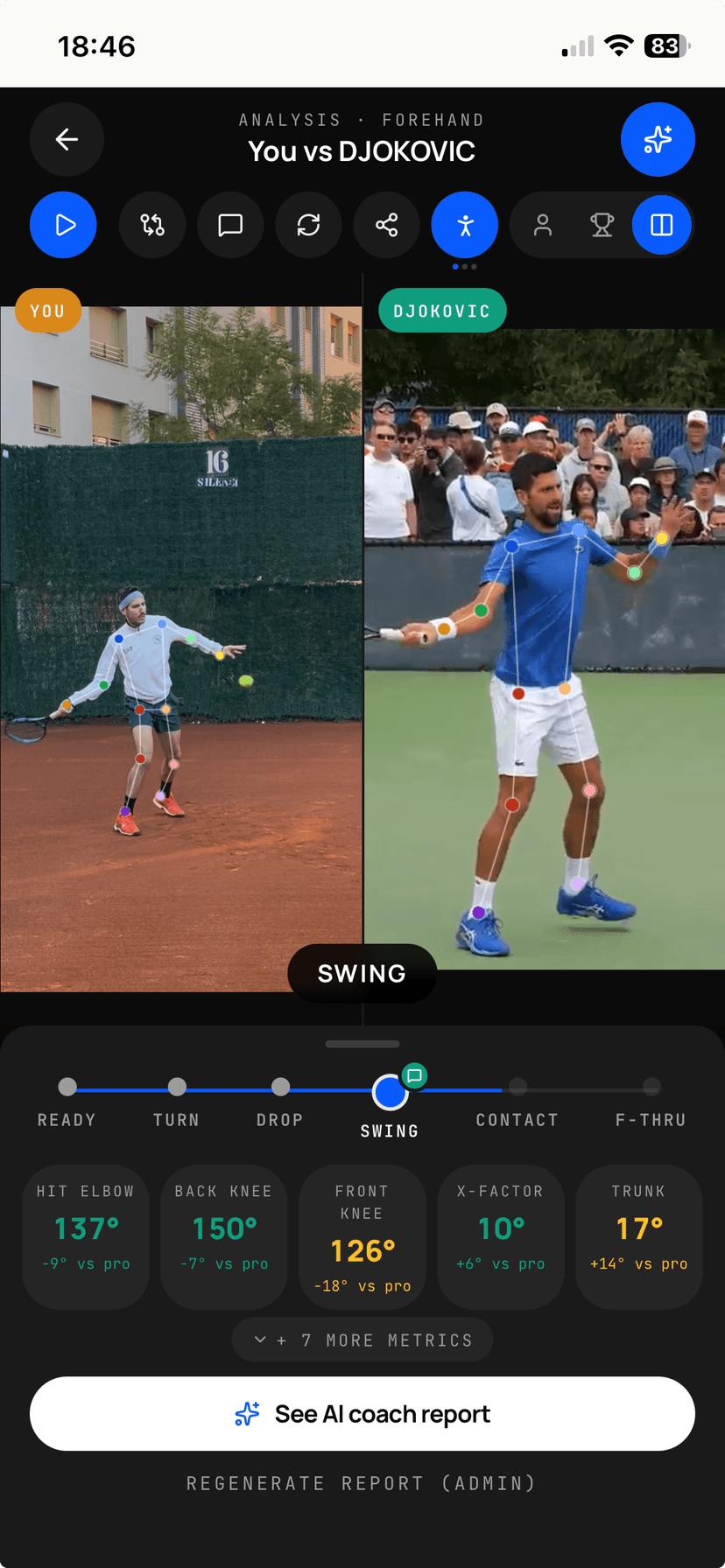 draib compare view — your stroke vs a pro, key phase highlighted