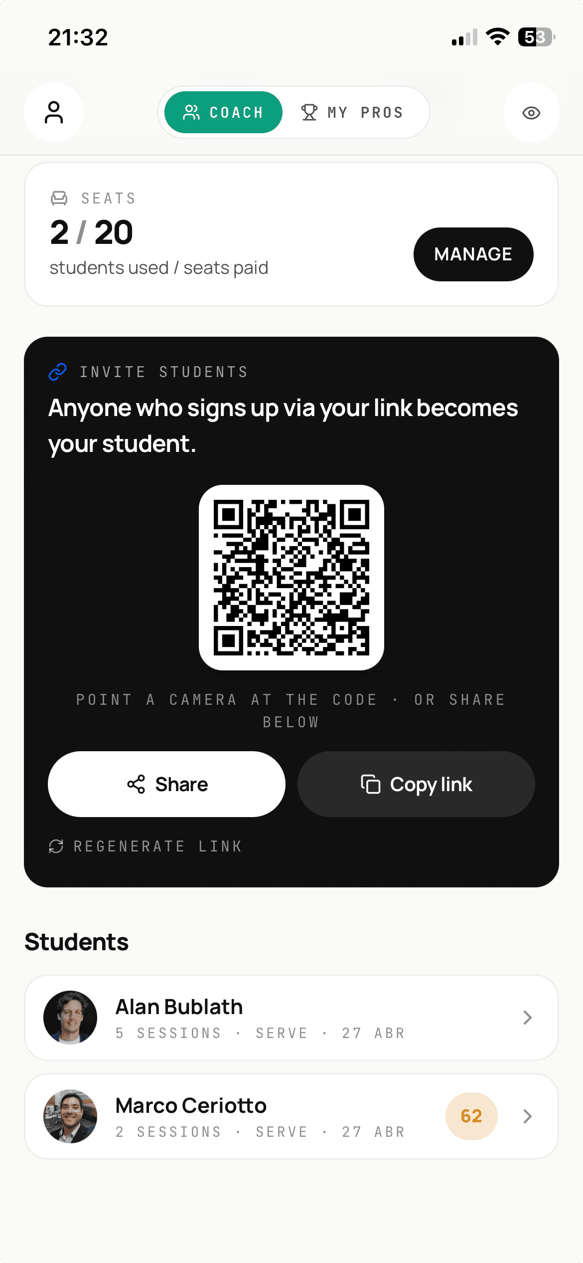 draib Coach dashboard — student roster, invite QR, seats