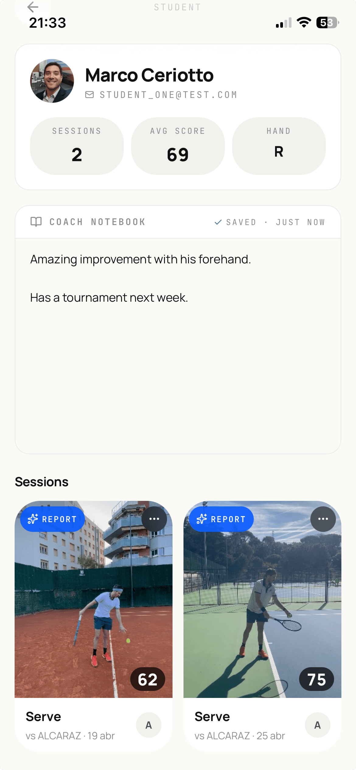 Per-student profile in draib Coach — sessions, scores, coach notebook