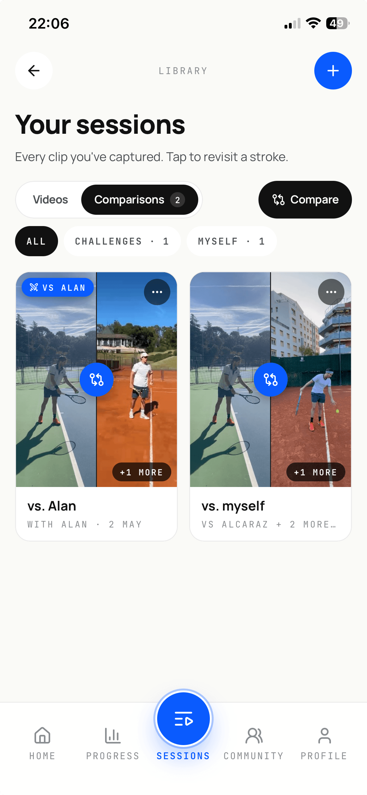Library comparisons tab — saved challenges with friends and yourself